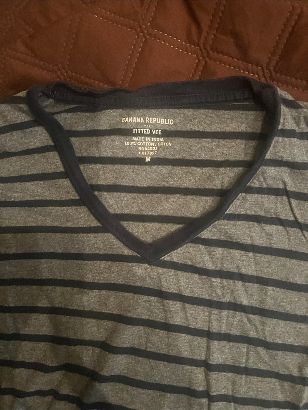 Banana Republic Women’s Gray and Navy Striped V‑Neck Sweater